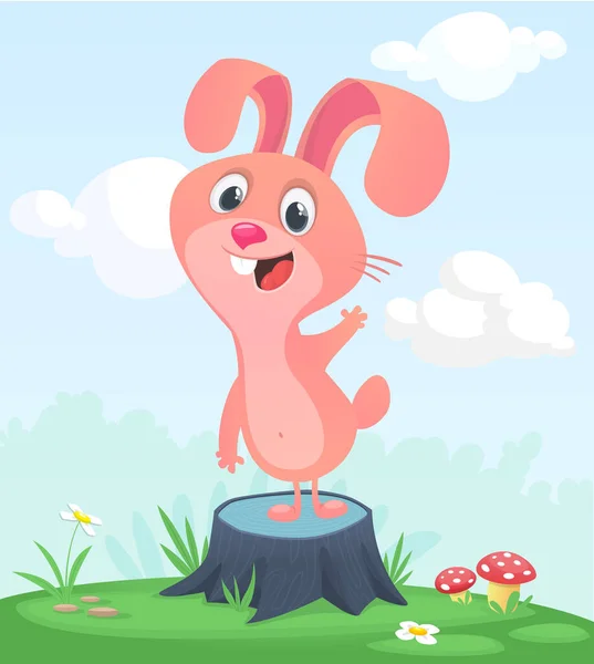Cartoon Funny Happy Rabbit Standing Summer Meadow Tree Stump Vector — Stock Vector
