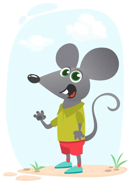 Kreslená Legrační Šťastná Myš Stojící Letní Louce Pařezu Stromu Izolovaná — Stockový vektor