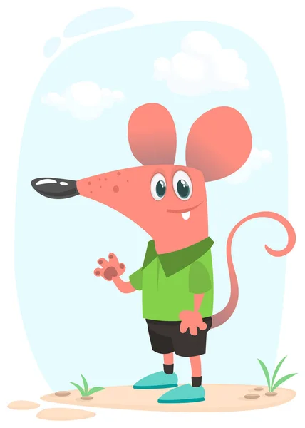 Kreslená Legrační Šťastná Myš Stojící Letní Louce Pařezu Stromu Izolovaná — Stockový vektor