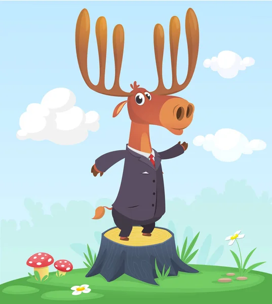 stock vector Cartoon funny and happy moose standing on the summer meadow on the tree stump. Vector illustration isolated