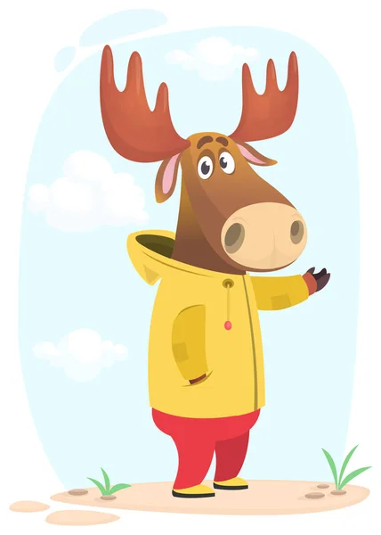 Cartoon Funny Happy Moose Standing Summer Meadow Vector Illustration Isolated — Stock Vector