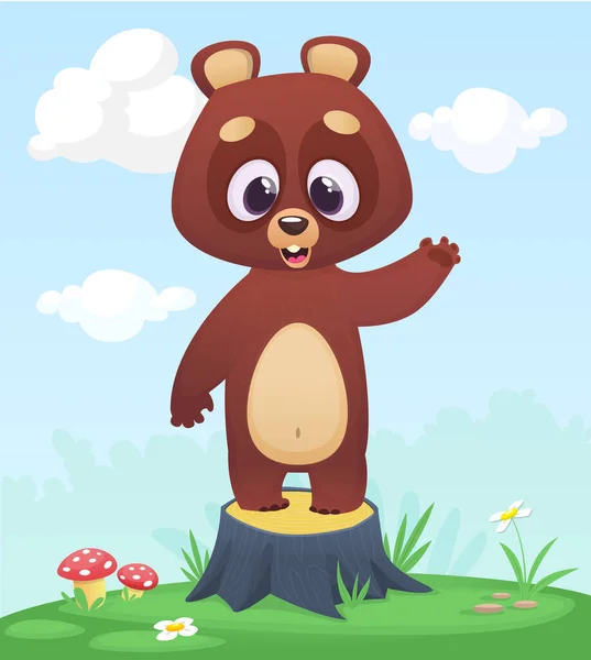 卡通片里有趣而快乐的熊站在夏天的草地上树桩上 孤立的矢量说明 — 图库矢量图片