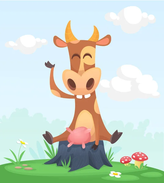 Cartoon Funny Happy Cow Standing Summer Meadow Tree Stump Vector — Stock Vector