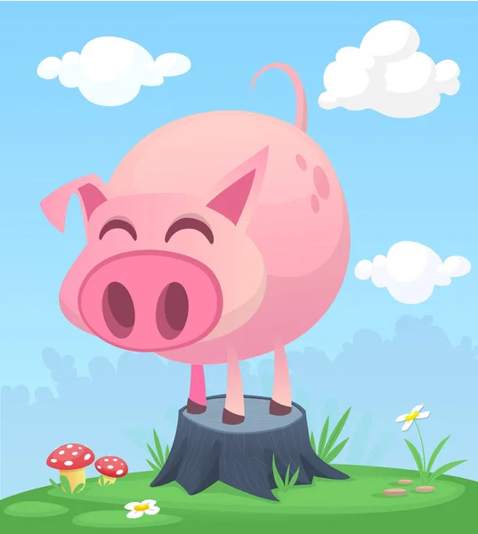 卡通滑稽而快乐的猪站在夏天的草地上树桩上 孤立的矢量说明 — 图库矢量图片