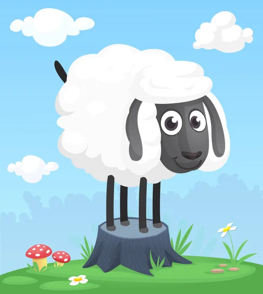 Cartoon Lustige Und Glückliche Schafe Die Auf Der Sommerwiese Auf — Stockvektor