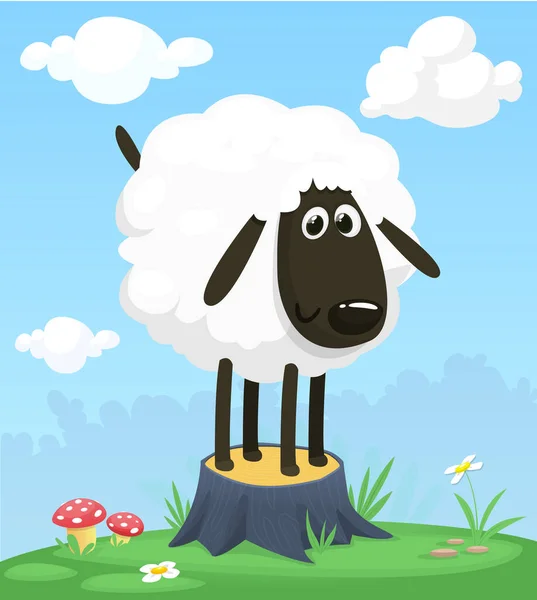 Cartoon Funny Happy Sheep Standing Summer Meadow Tree Stump Vector — Stock Vector