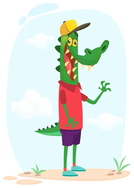 Cartoon Funny Happy Crocodile Standing Summer Meadow Vector Illustration Isolated — Stock Vector