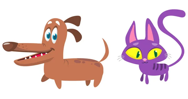 Dibujos Animados Divertido Gato Perro Conjunto Ilustración Gatos Rayas Vector — Vector de stock