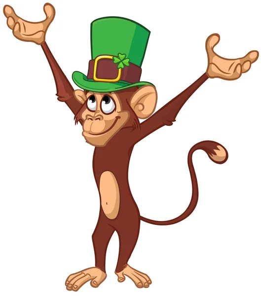 Scimpanzé Scimmia Divertente Cartone Animato Indossando Cappello Verde Leprechaun Con — Vettoriale Stock