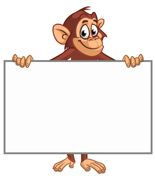 メニューや挨拶のために空白の白い紙やプラカードを持っている漫画の猿チンパンジー ハッピーサルキャラクターのベクトルイラスト — ストックベクタ
