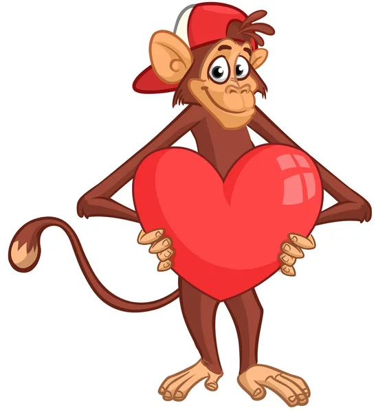 Macaco Dos Desenhos Animados Chimpanzé Segurando Presente Coração Balão Vermelho — Vetor de Stock
