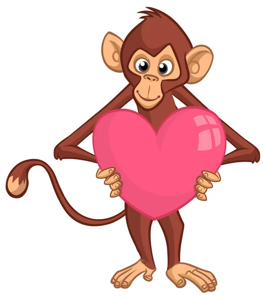 Cartoon Monkey Chimpanzee Holding Red Balloon Heart Gift Vector Illustration — Stock Vector