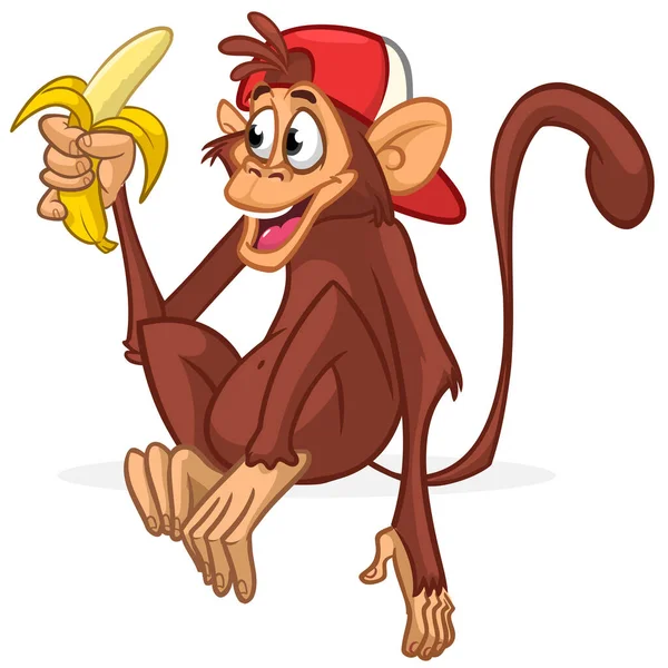 Małpa Kreskówki Trzymająca Jedząca Banana Wektor Ilustracja Szczęśliwy Małpa Postać — Wektor stockowy