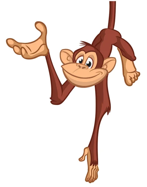 Çizgi Film Maymunu Şempanze Ağaç Dalında Baş Aşağı Duruyor Mutlu — Stok Vektör