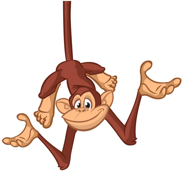カートゥーン猿チンパンジーは木の枝の上に逆さまに手渡します ハッピーサルキャラクターのベクトルイラスト — ストックベクタ