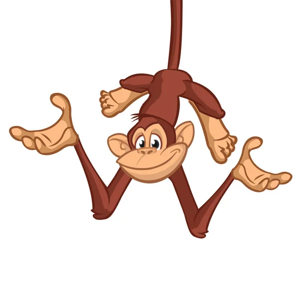 Cartoon Monkey Chimpanzee Handing Upside Tree Branch Vector Illustration Happy — Stock Vector