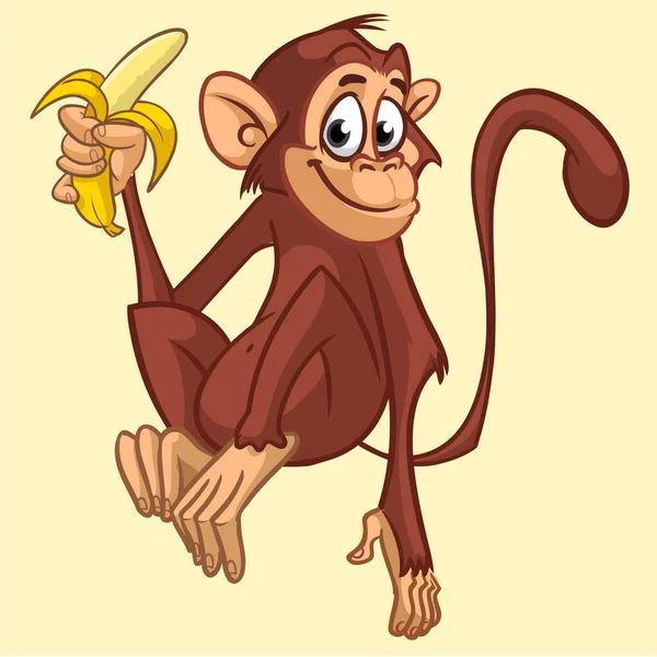 Çizgi Film Maymunu Şempanzeyi Elinde Tutuyor Muz Yiyor Mutlu Maymun — Stok Vektör