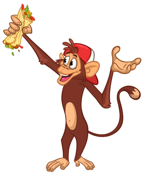 Cartoon Funny Monkey Chimpanzee Holding Falafel Kebab His Hands Vector — Stock Vector