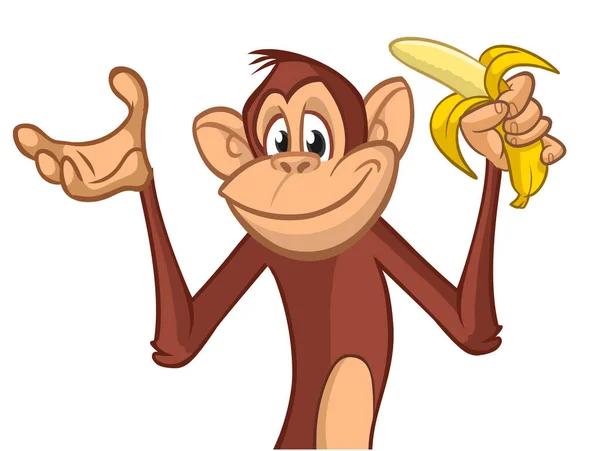 Мультфильм Обезьяна Шимпанзе Держит Ест Банан Векторная Иллюстрация Дизайна Счастливой — стоковый вектор