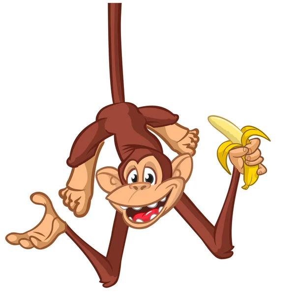 Mono Dibujos Animados Chimpancé Sosteniendo Comiendo Plátano Ilustración Vectorial Del — Vector de stock