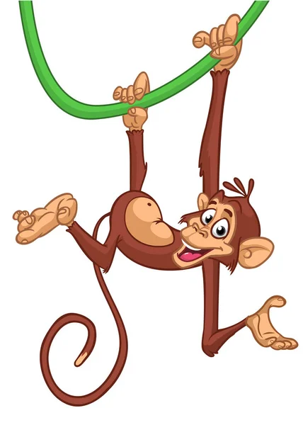 Cartoon Aap Chimpansee Overhandigen Ondersteboven Boomtak Vector Illustratie Van Gelukkige — Stockvector