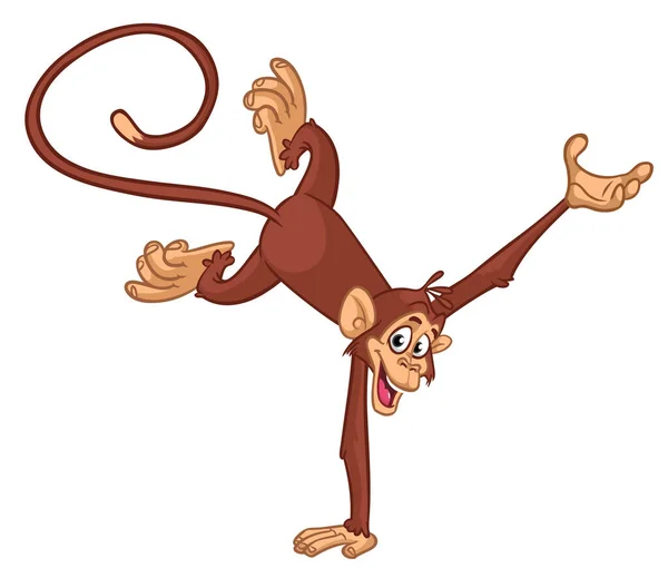 Cartoon Engraçado Macaco Chimpanzé Balanceamento Uma Mão Doind Virar Suporte —  Vetores de Stock