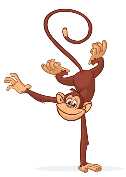 Cartoon Engraçado Macaco Chimpanzé Balanceamento Uma Mão Doind Virar Suporte — Vetor de Stock