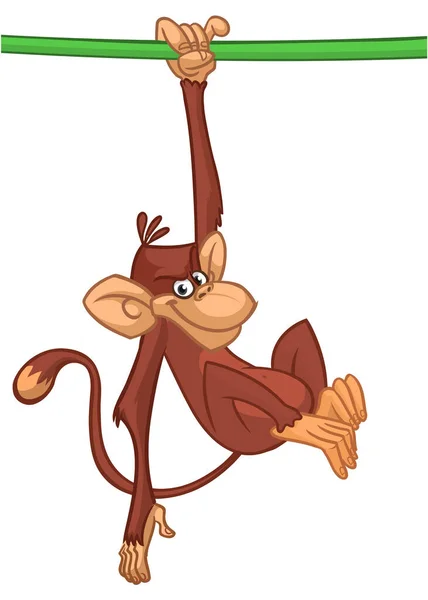 Macaco Bonito Pendurado Galho Árvore Balançando Acenando Com Pata Ilustração — Vetor de Stock