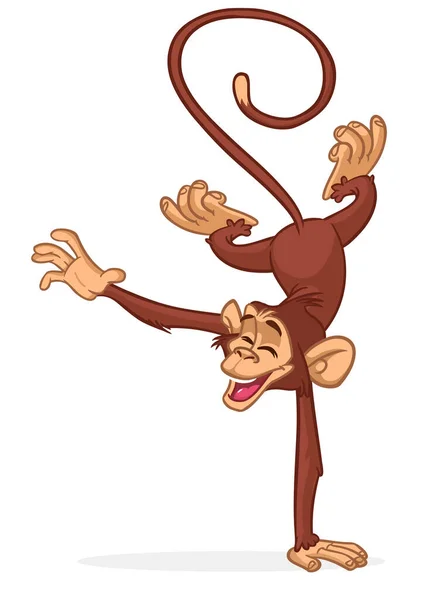 卡通滑稽猴子黑猩猩的一只手保持平衡或狗皮翻跟斗的手倒立 快乐猴子角色设计的矢量图解 — 图库矢量图片