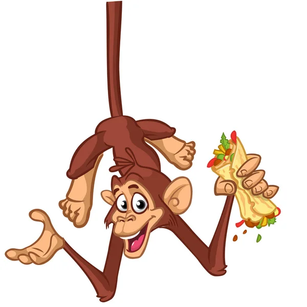 Simpanse Monyet Lucu Kartun Memegang Falafel Atau Kebeb Tangannya Ilustrasi - Stok Vektor
