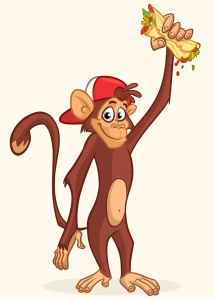 Cartoon Funny Monkey Chimpanzee Holding Falafel Kebeb Its Hands Vector — Stock Vector