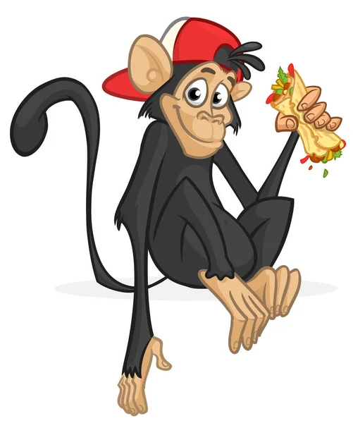 Kreslený Legrační Opičí Šimpanz Držící Rukou Falafel Nebo Kebeb Vektorová — Stockový vektor