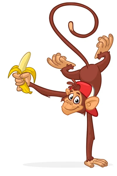 Мультфильм Смешной Обезьяны Шимпанзе Стоя Одной Руке Бананом Руках Векторная — стоковый вектор