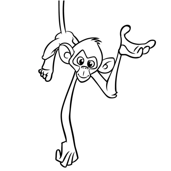 Kreskówka Śmieszne Małpa Szympans Wiszące Góry Nogami Gałęzi Drzewa Zarysowane — Wektor stockowy