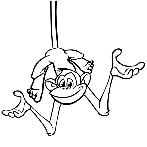 Cartoon Grappige Aap Chimpansee Opknoping Ondersteboven Een Boom Tak Geschetst — Stockvector