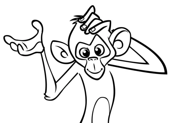 漫画面白い猿チンパンジー概要 ぬり絵のための幸せな猿の文字のベクトルイラスト 黒と白の輪郭動物 — ストックベクタ