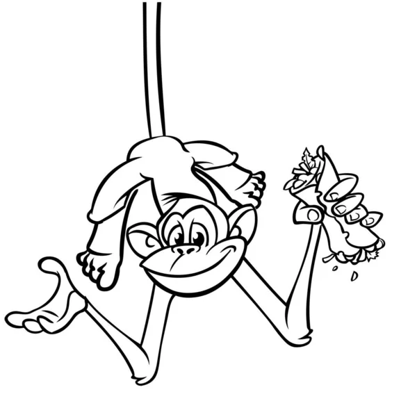 Karikatura Legrační Opice Šimpanz Visí Vzhůru Nohama Větvi Stromu Obrysu — Stockový vektor