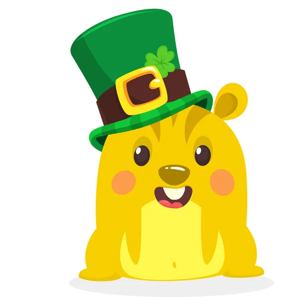 Dessin Animé Personnage Hamster Heureux Portant Chapeau Patrick Avec Trèfle — Image vectorielle