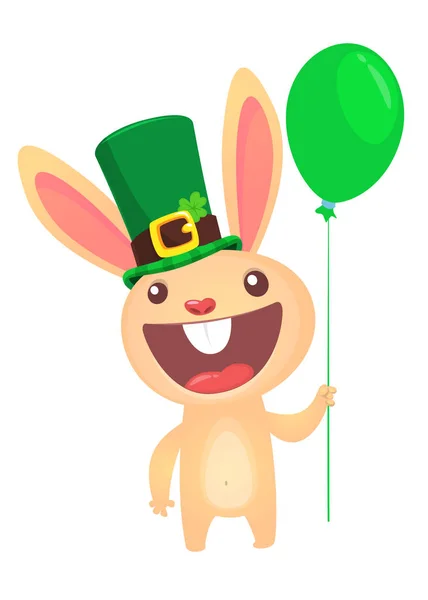 Cartoon Happy Bunny Rabbit Character Wearing Patrick Hat Clover Holding — Stock Vector