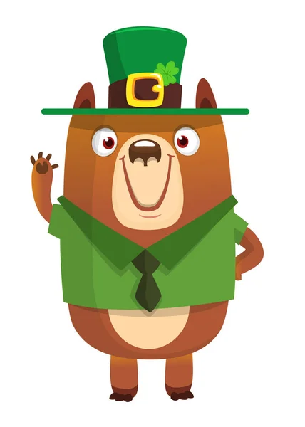 stock vector Cartoon happy bear wearing st patrick's hat with a clover. Vector illustration for Saint Patrick's Day. Party poster design.