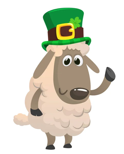 クローバーでパトリックの帽子をかぶった漫画の幸せな羊のキャラクター 聖パトリックの日のベクトルイラスト — ストックベクタ