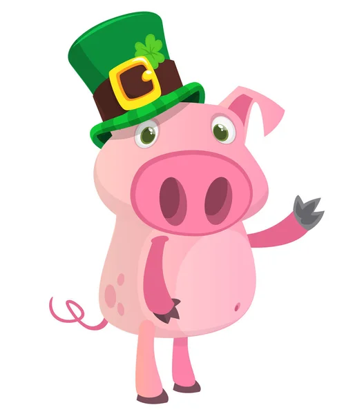 Cartoon Happy Pig Wearing Patrick Hat Clover Vector Illustration Saint — Stock Vector