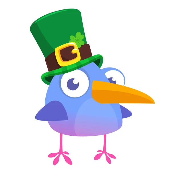 Dessin Animé Drôle Oiseau Portant Chapeau Vert Patrick Avec Trèfle — Image vectorielle