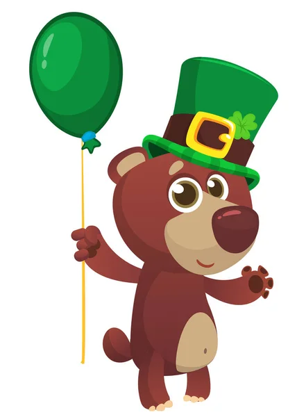 Cartoon Happy Bear Wearing Patrick Hat Clover Vector Illustration Saint — Stock Vector