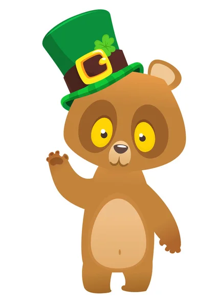Cartoon Happy Bear Wearing Patrick Hat Clover Vector Illustration Saint — Stock Vector