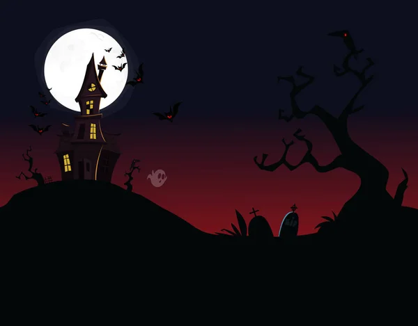 Fundo Halloween Com Túmulos Árvores Morcegos Lápides Gravey Casa Assombrada —  Vetores de Stock