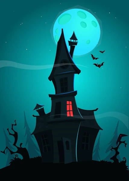 卡通笼罩着以月亮为背景的老房子 维多图解隔离 — 图库矢量图片