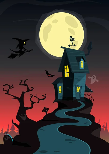 漫画は 背景に月と古い家を抱きしめました イラストを単離する — ストックベクタ