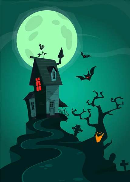 Halloween Background Tombs Trees Bats Tombstones Gravey Haunted House Cartoon — Stock Vector