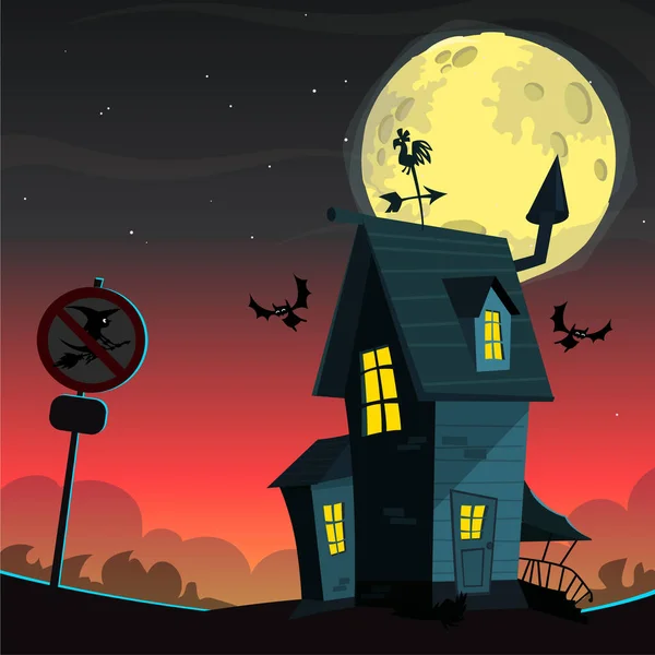 Dessin Animé Hantée Vieille Maison Avec Lune Arrière Plan Isolat — Image vectorielle